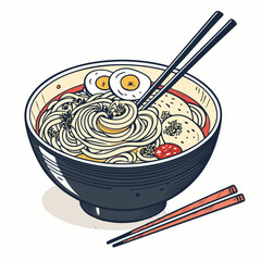 Create a vector illustration of a bold, thick-stroked bowl of steaming udon noodles.  Show rich broth and visible noodles.