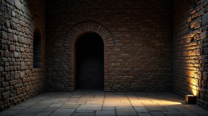 Fototapeta premium A dimly lit stone chamber with arched doorways, illuminated by a single light source casting warm shadows on aged brick walls and a flagstone floor.