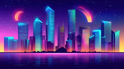 Vibrant cityscape at night, reflecting in calm water under a starry sky with neon lights.