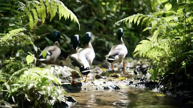 Ducks in Tranquil Stream: A Natural Wildlife Scene
