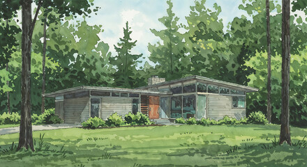 Watercolor drawing of architectural model of modern building in nature . Generative AI