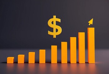 Dollar sign superimposed on upward trending bar graph depicting financial increase, wealth, analytics