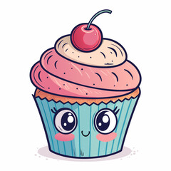 Create a vector illustration of a bold-stroked, cartoon cupcake with whimsical details, emphasizing a playful and vibrant style.
