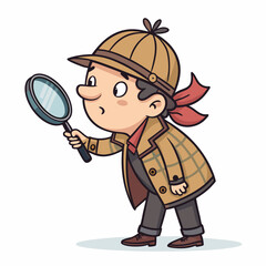 Fototapeta premium Create a bold, vector illustration of a cartoon detective with a magnifying glass, wearing a trench coat and fedora. Must be a strong, clean design.