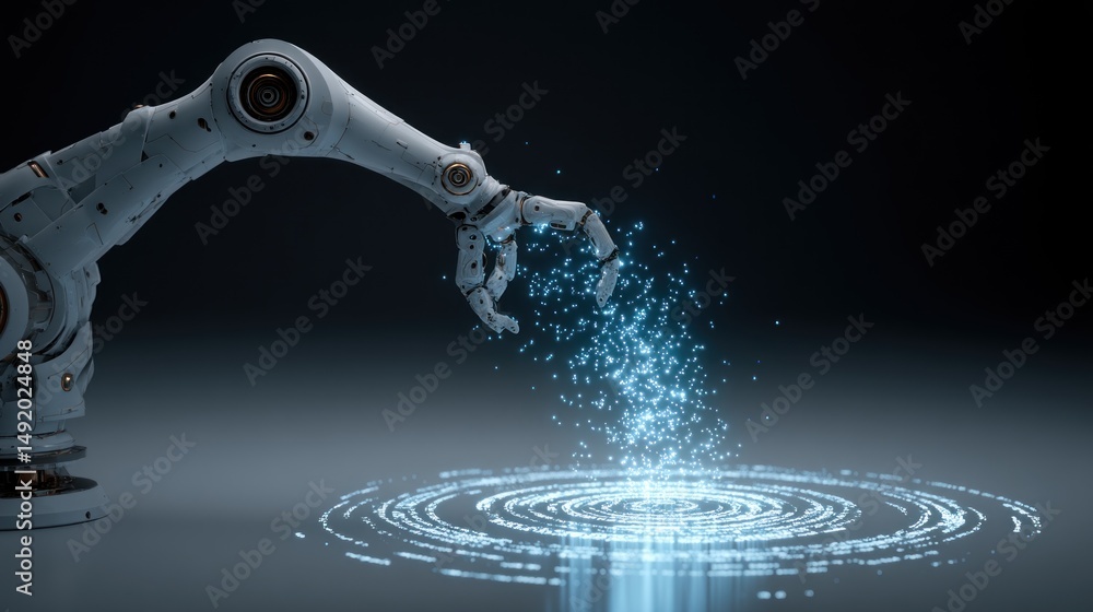 Poster a robotic arm reaches out, creating a swirl of glowing particles in a dark, high-tech environment, i