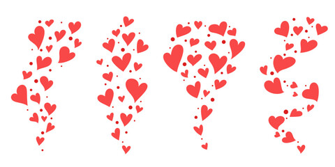 Flying hearts stream. Love likes emotions for social media. Positive reaction and feedback. Vector hand drawn set