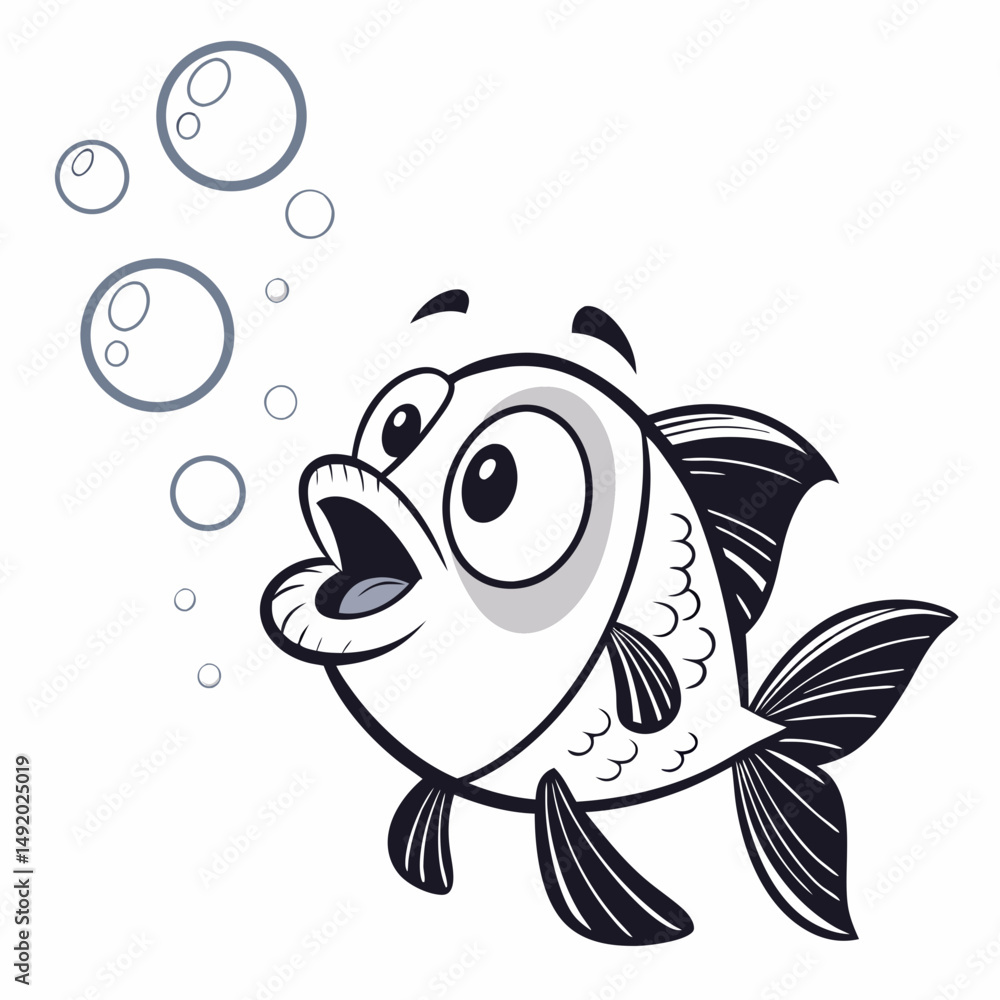 Poster create a vector illustration of a bold-outlined cartoon fish with exaggerated features, blowing bubb