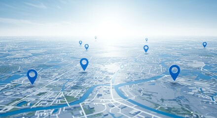 City map view with blue pin location markers and bright sky background