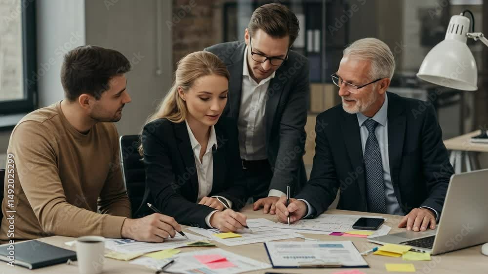 Poster dynamic business team collaborating on a project in a modern office setting, featuring two males and