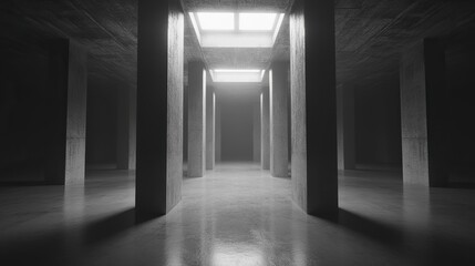 Minimalist interior with concrete columns and glowing light panels, embodying modern simplicity and spacious elegance
