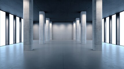 Minimalist interior with concrete columns and glowing light panels, embodying modern simplicity and spacious elegance
