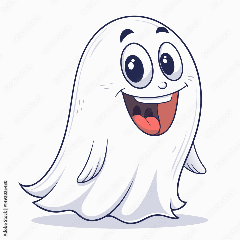 Poster create a vector illustration of a bold-outlined, friendly cartoon ghost with a mischievous grin. inc