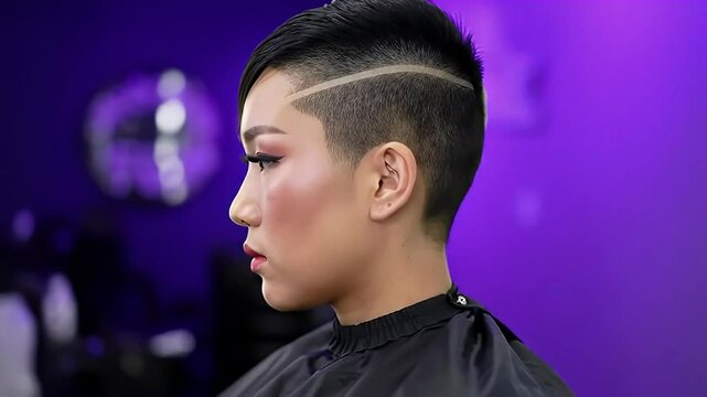 Head shave woman getting stylish side cut under studio lighting