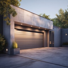 Modern garage with a clean sectional door design, enhancing its contemporary facade.