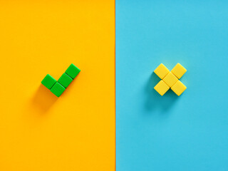 Green Check Mark and Yellow Cross Mark on Colorful Background Representing Decision Making