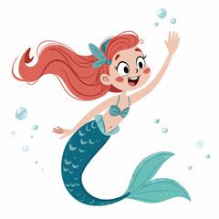 Design a bold, vector illustration of a cartoon mermaid with wavy hair, emphasizing thick outlines.  Include vibrant colors and a playful style.
