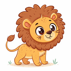 Create a vector illustration of a bold, cartoonish lion cub with thick outlines, playful expression, and vibrant colors.