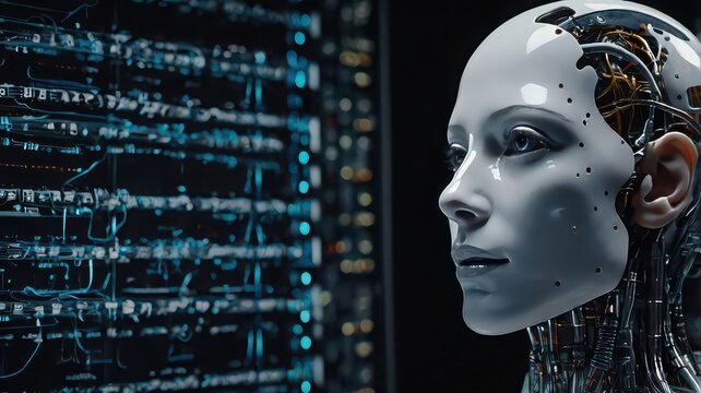 Close up of a humanoid robot head with exposed wiring looking at a server rack in the dark room