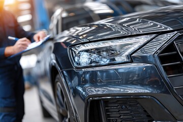 A technician meticulously examines a luxury car in a well-lit workshop, demonstrating attention to detail and professionalism