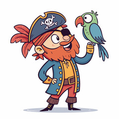 Create a bold, vector illustration of a cartoon pirate with a parrot, treasure chest, and sword.  Include vibrant colors and a playful style.