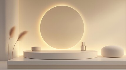 Fototapeta premium A minimalist cosmetic display platform with a floating podium, surrounded by soft ambient lighting and a neutral-toned backdrop, creating a premium aesthetic for product showcasing.