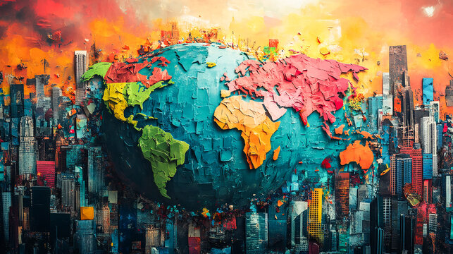 World, globe and collage art made of paper school project, humanity and eco friendly banner. Colourful, vibrant pop and creative graphic design poster for background, wallpaper and backdrop mockup