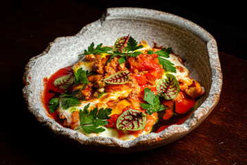 A delicious serving of baked eggs garnished with fresh herbs and colorful toppings brings warmth
