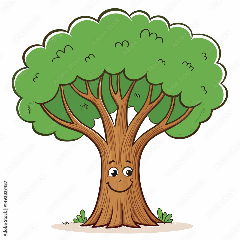 Poster create a vector illustration of a bold-stroke cartoon tree with a whimsical, happy expression. inclu