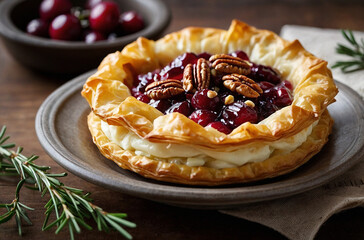 Baked brie with cranberry sauce and pecans in puff pastry. Elegant appetizer.