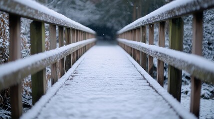 A serene snowy wooden bridge leads into a tranquil winter landscape. Nature stands still with a quiet beauty. Explore the peaceful path ahead. Generative AI