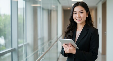 Fototapeta premium Confident businesswoman holding a tablet in a modern office hallway