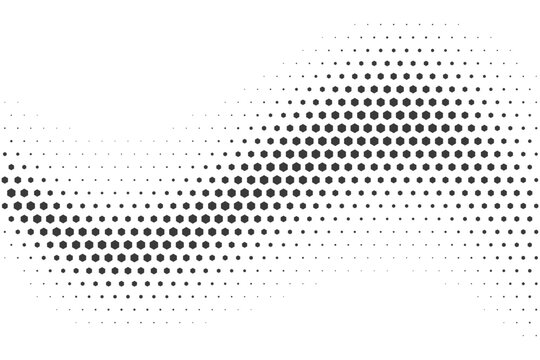 Halftone vector wave with hexagon pattern. Honeycomb gradient fade. Abstract geometric dynamic curved shape on white background. Pixelated 80s distorted warp illustration