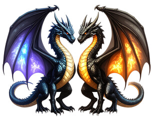 Obraz premium Two Stylized Winged Dragons Facing Each Other, Isolated on Transparent Background PNG