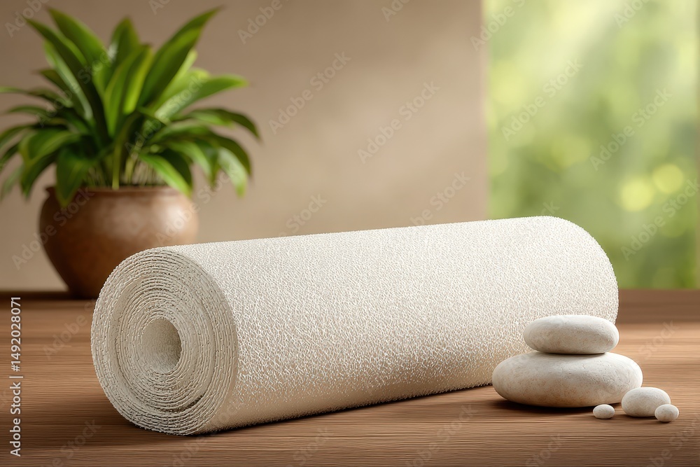 Poster soft textured yoga mat rolled beside smooth pebbles highlighting tranquility and wellness in a seren