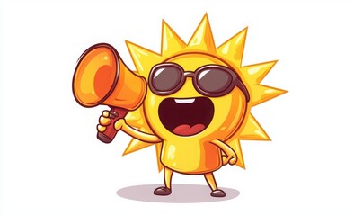 Fototapeta premium sun character with sunglasses and megaphone on white background for summer promotion