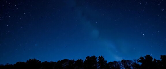 Dark blue night sky brimming with stars above a silhouetted tree line, Milky Way visible,  background, forest
