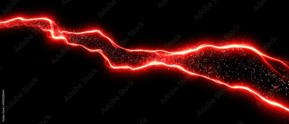 Poster abstract red lightning bolt energy stream on black background high angle shot with sparkles and glow