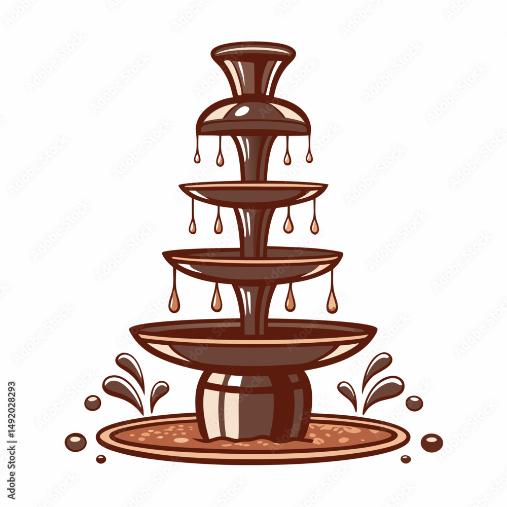 Poster create a bold vector illustration of a chocolate fountain, emphasizing its rich brown color and casc