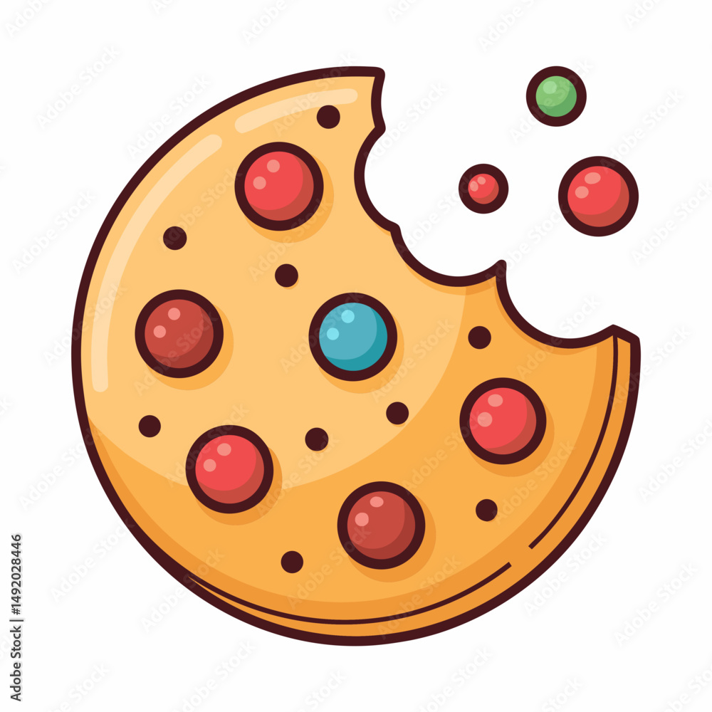 Poster design a bold, vector cookie icon with a single, prominent bite taken out, utilizing a thick stroke 