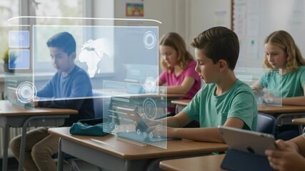 A group of diverse children, including two boys and two girls, engaged in interactive learning with holographic technology in a modern classroom setting, showcasing innovative education practices. - Powered by Adobe