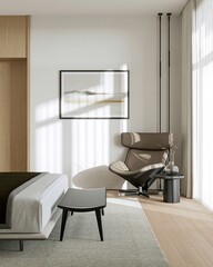 Living area with Elegant light white Arm chair, wooden side table and beautiful floor light near side table.