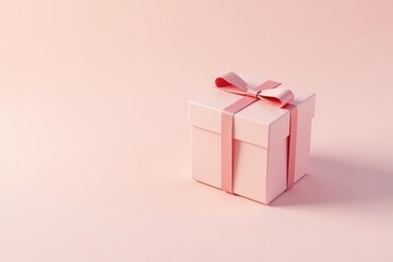Fototapeta premium A Delicate Pink Gift Box with a Pretty Ribbon Bow on a Soft Pink Background