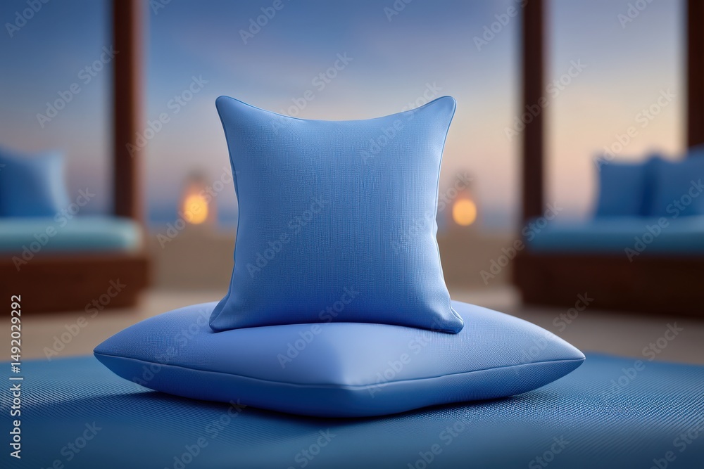Poster cozy blue cushion on a relaxing surface creating an inviting atmosphere with soft textures and warm 