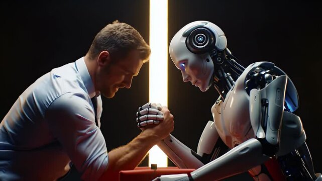Man Versus Robot Arm Wrestling Challenge with Bright Light