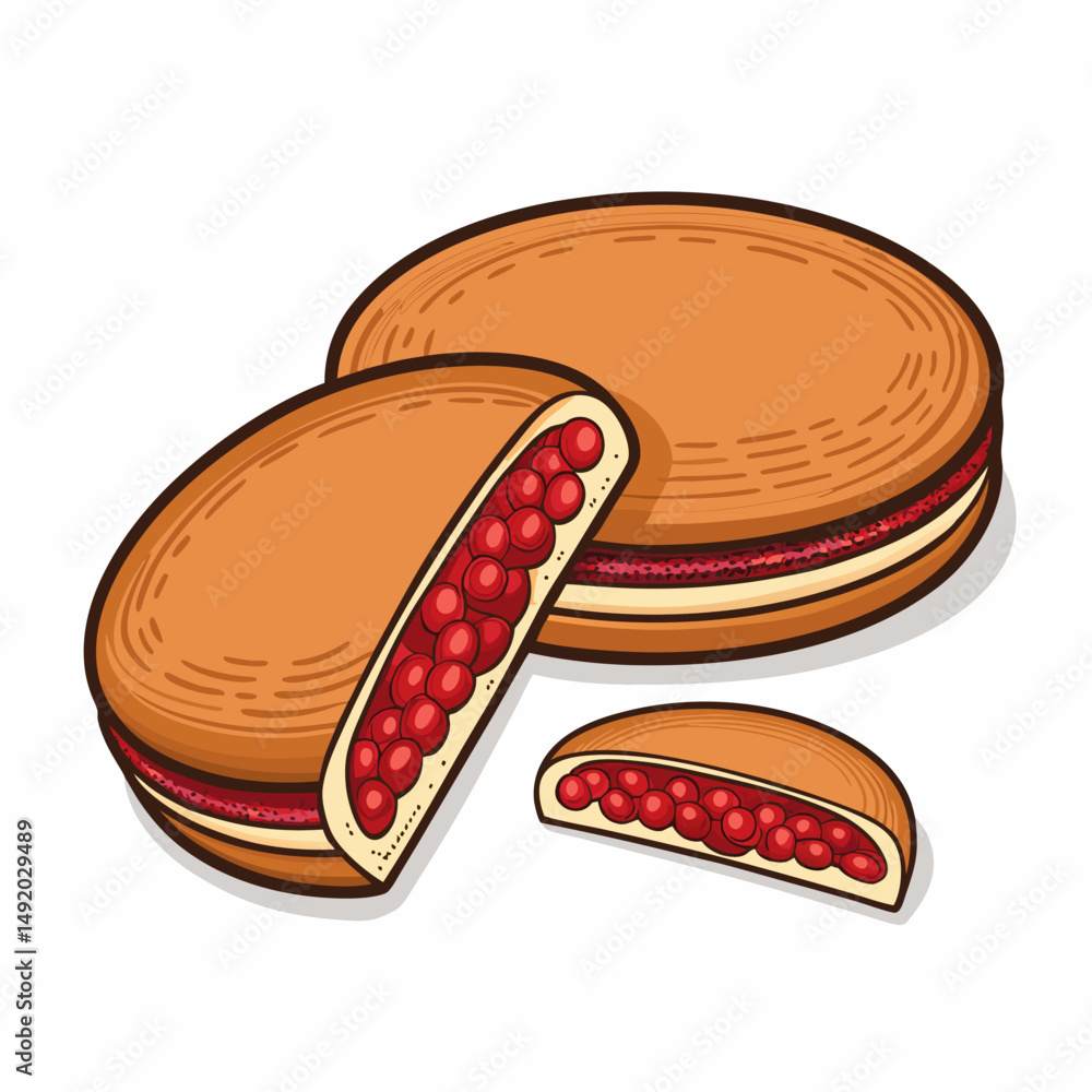 Poster create a bold, vector illustration of a delicious dorayaki filled with red bean paste. focus on clea