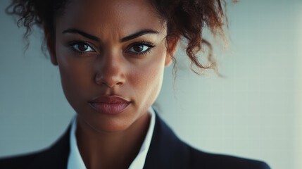Focused Intensity: An elegantly dressed business professional stares directly at the viewer with a look of intense determination. The image captures the essence of a person in deep thought.
