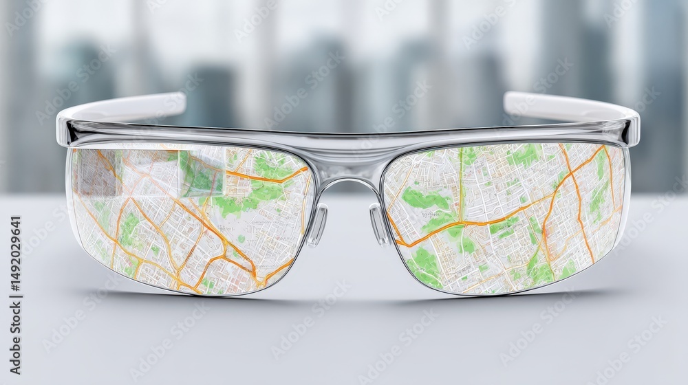 Poster innovative augmented reality glasses displaying detailed urban map clearly illustrating advanced tec
