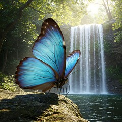 Serene Waterfall: Azure Butterfly's Embrace