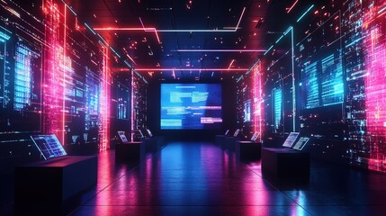 A neon-lit metaverse startup pitch event, glowing holograms of business ideas 