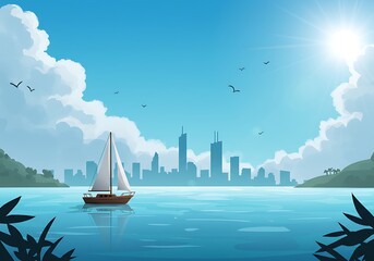 Serene Sailboat: Cityscape Dreamscape